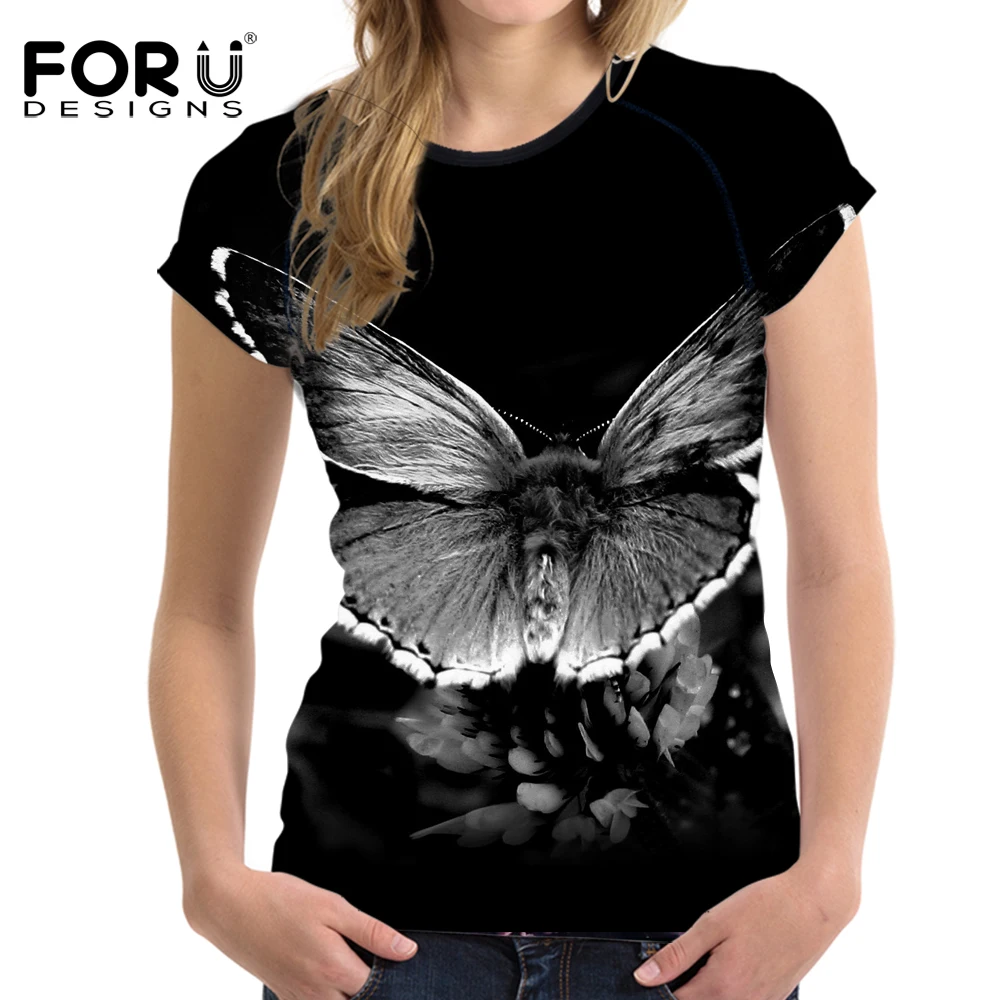 

FORUDESIGNS Blue 3D Butterfly Prints T Shirt Women Fitness T Shirts Animal Casual Tees Tops Shirts O Neck Cropped Tops Summer