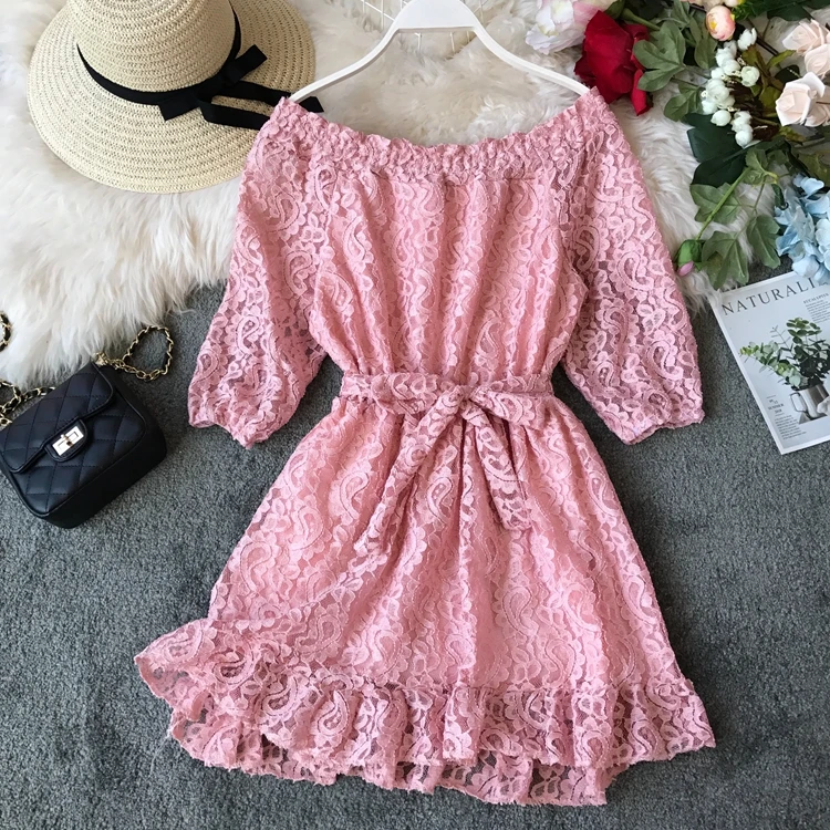 Лето 2019 Корейская версия короткое легкое платье с воротником и кружевом крючок