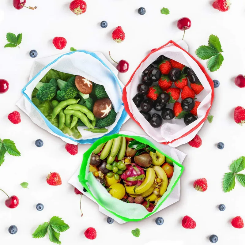 Многоразовые сетки производят сумки 12 шт продуктовые покупки фруктов и овощей мешки для хранения с тары веса