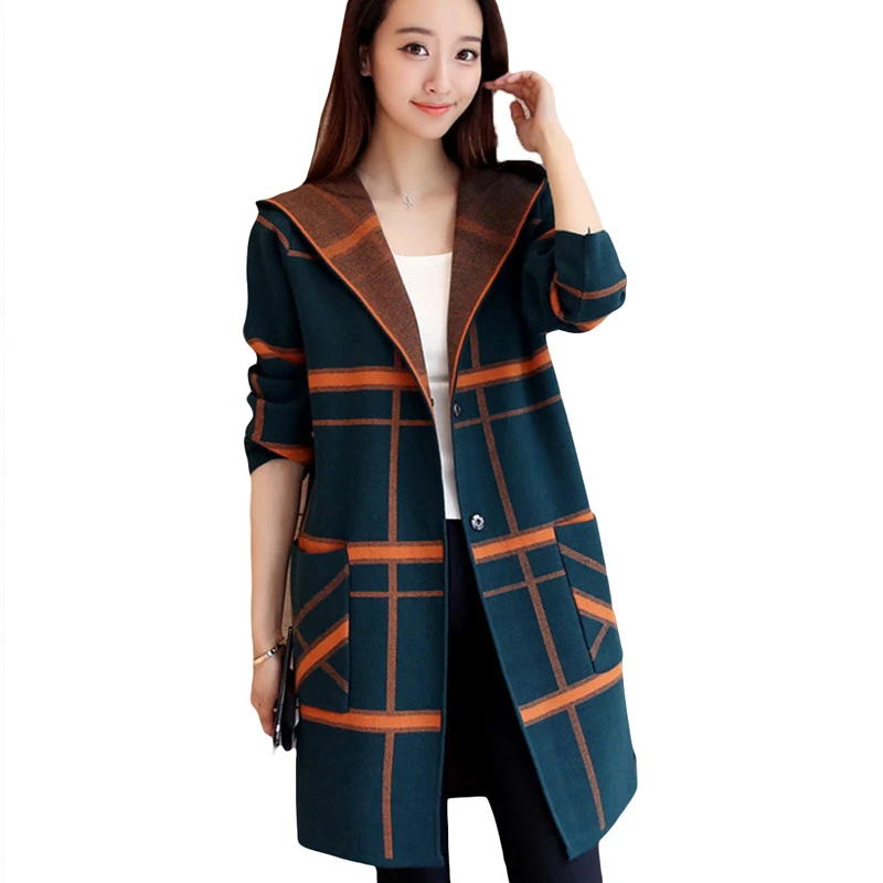 

New 2018 Autumn Winter women Hooded Knitted Sweater Cardigan winter plaid Jacket Loose Long Sweaters coat RE0799