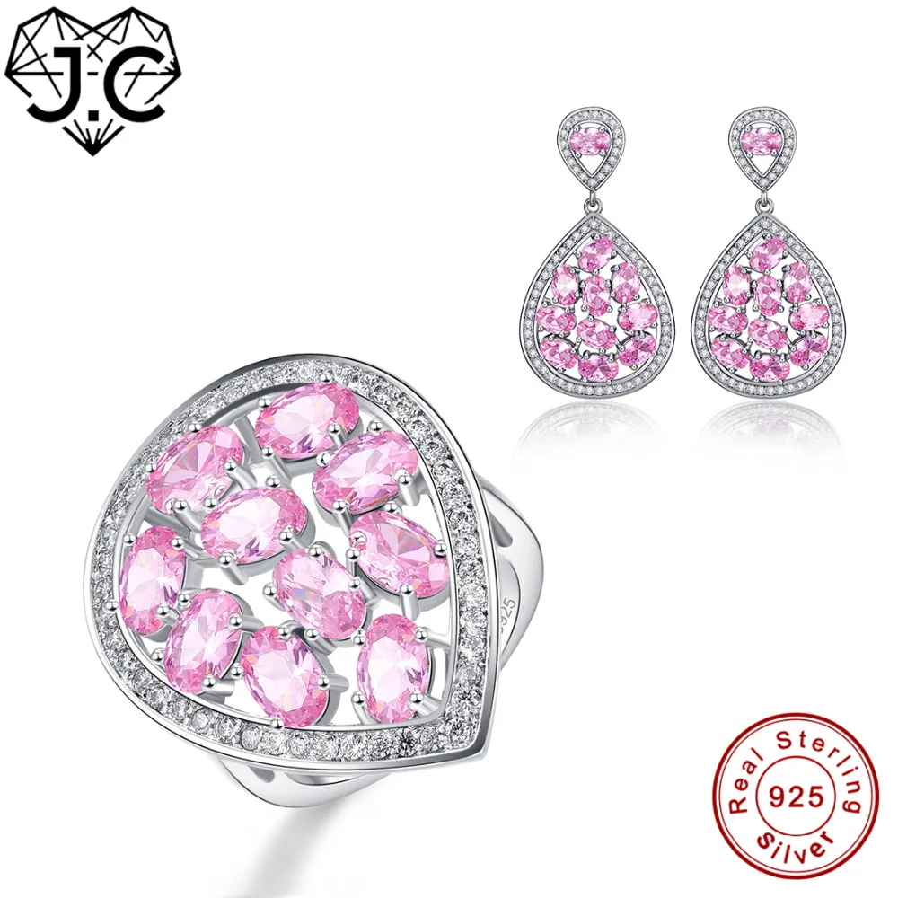

J.C Engagement Jewelry Women Water Drop Design Pink Topaz Ring & Earring Genuine Solid 925 Standard Sterling Silver Jewelry Set