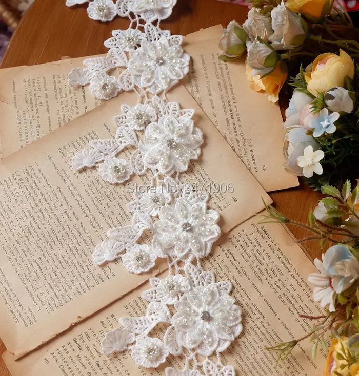 5 pieces/ Embroidery lace flower Appliqued Crystal Jacquard DIY Ribbon Wedding dress Sewing Rhinestones Trims pearl 3D Patches | Дом и сад