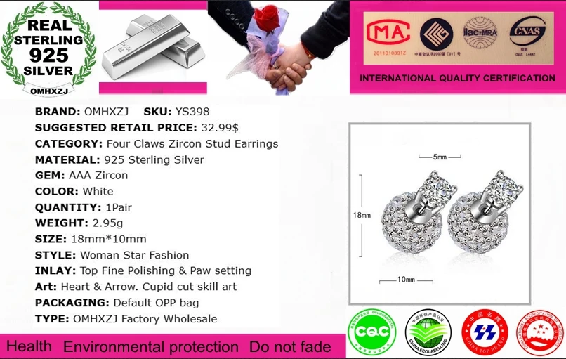 Женские серьги-гвоздики из серебра 925 пробы с цирконом