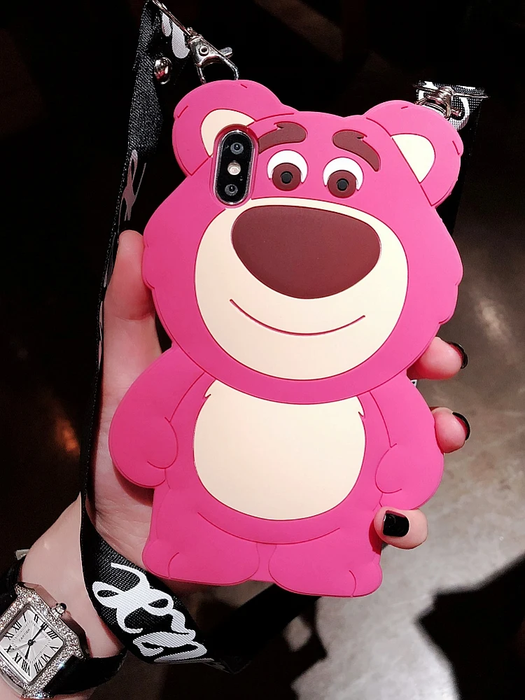 3D Cute Lotso bear case For iphone XS max XR X Soft cover 8plus 7plus 7 8 6s 6plus toy story fundas +strap |