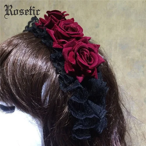 Burgundy Rosetic Готическая милая Лолита Принцесса повязки для волос розовый черный кружево женские аксессуары для волос винтажный модный головной убор Готическая головная лента - Цвет: Burgundy