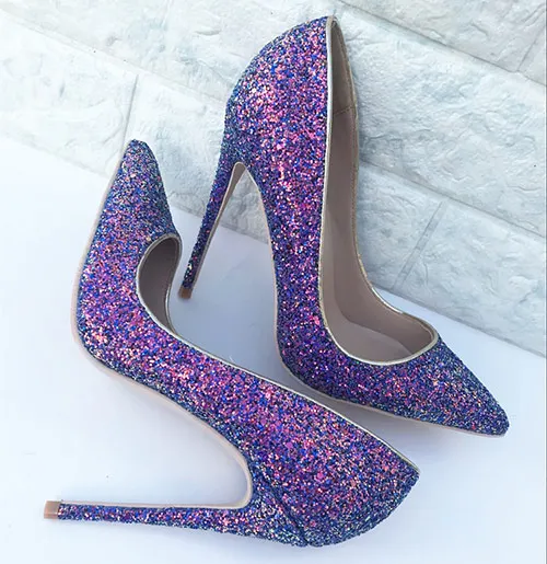 Purple 12cm Heels Veowalk/фиолетовые женские пикантные туфли-лодочки с блестками на высоком каблуке-шпильке в итальянском стиле; модные женские туфли-лодочки с острым носком; Клубная обувь без застежки - Цвет: Purple 12cm Heels