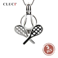 cluci 3pcs silver 925 tennis racquet sports cage pendant 925 sterling silver charms pendant for women pearl locket sc136sb