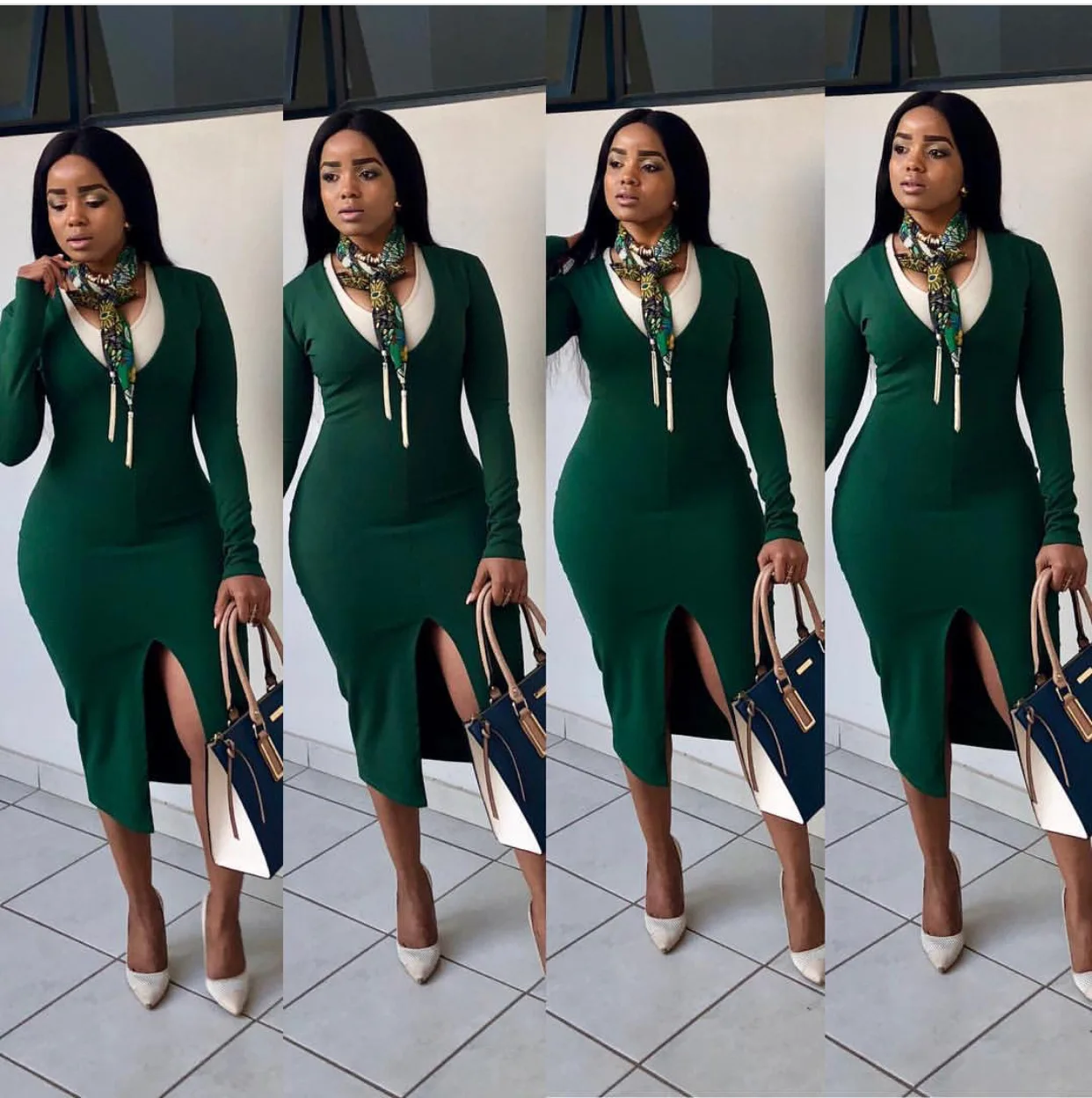 Женские платья в африканском стиле Dashiki зеленое облегающее платье с разрезом