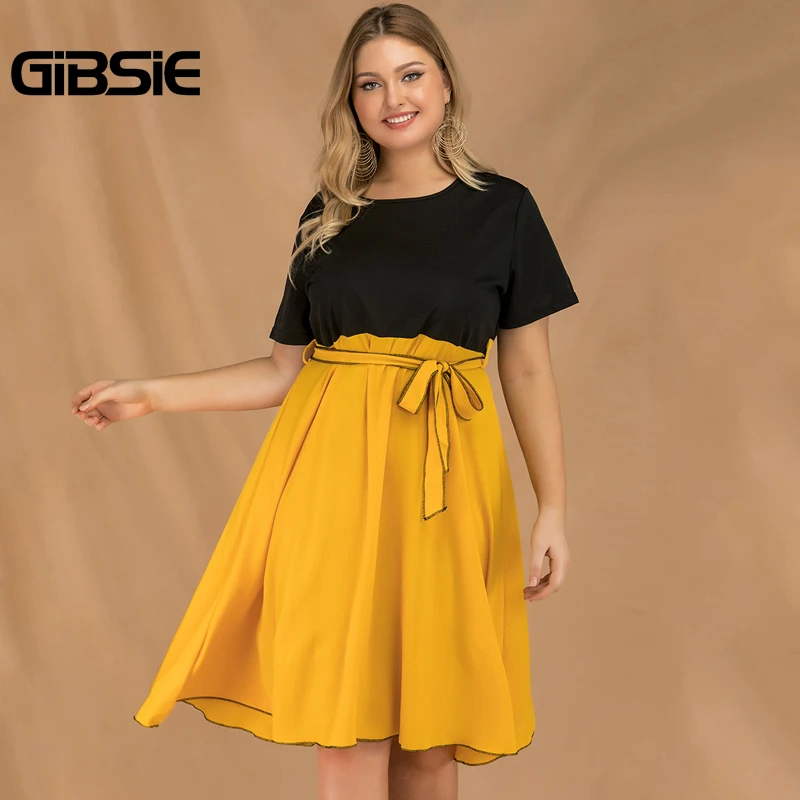 Женское платье туника GIBSIE желтое Повседневное средней длины в стиле пэчворк с о