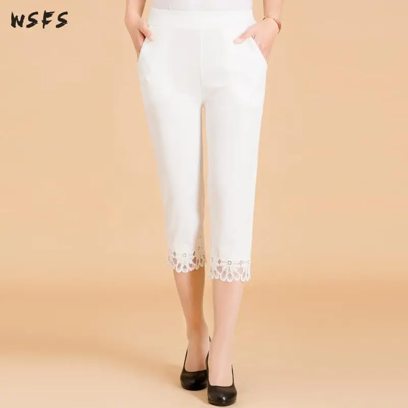 Летние женские брюки для женщин среднего возраста узкие тонкие черные белые хаки