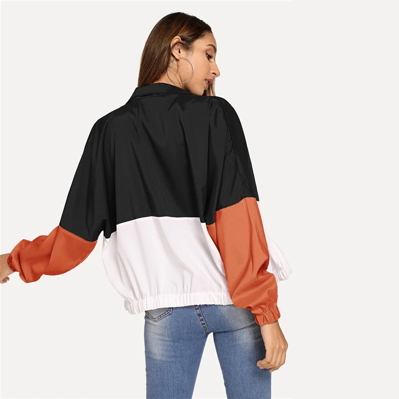 SHEIN Многоцветный эластичный подол цветной блок ветровка куртка для женщин лето осень с длинным рукавом спортивная уличная верхняя одежда пальто