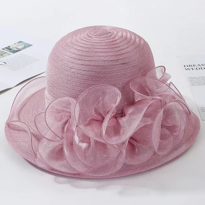 Pink Ymsaid, винтажная пряжа, церковная шляпа для женщин, летняя мода, большой цветок, органза, защита от солнца, шляпа, элегантная, Федора, свадьба, пляж, Chapeu Feminino - Цвет: Pink