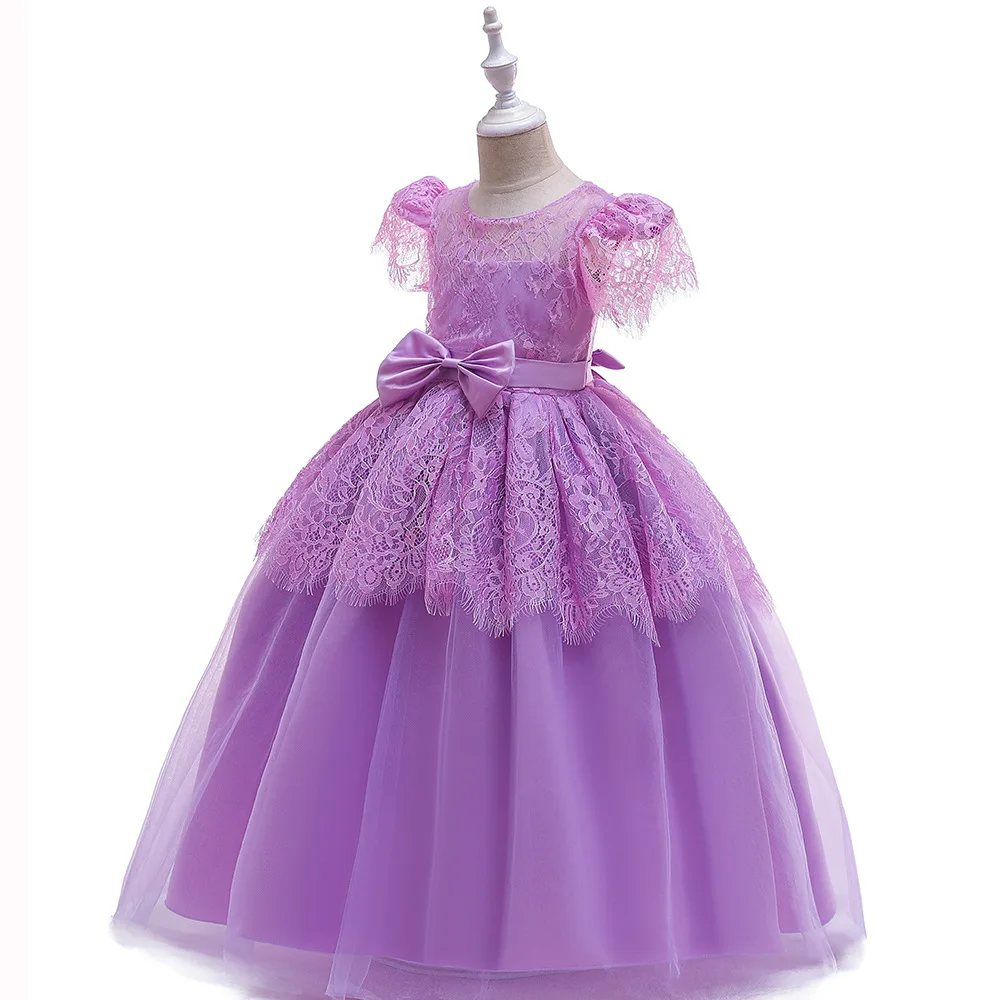 

Lovely Little Girls Candy Color Dress Yellow Flower Girl Dresses Sweet Lace Tulle Bow Decoration Long Ball Gown For Prom Party