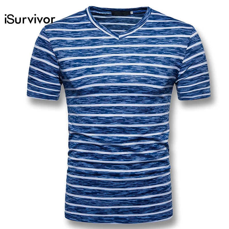 Футболка мужская в полоску с V-образным вырезом большого размера | Мужская одежда