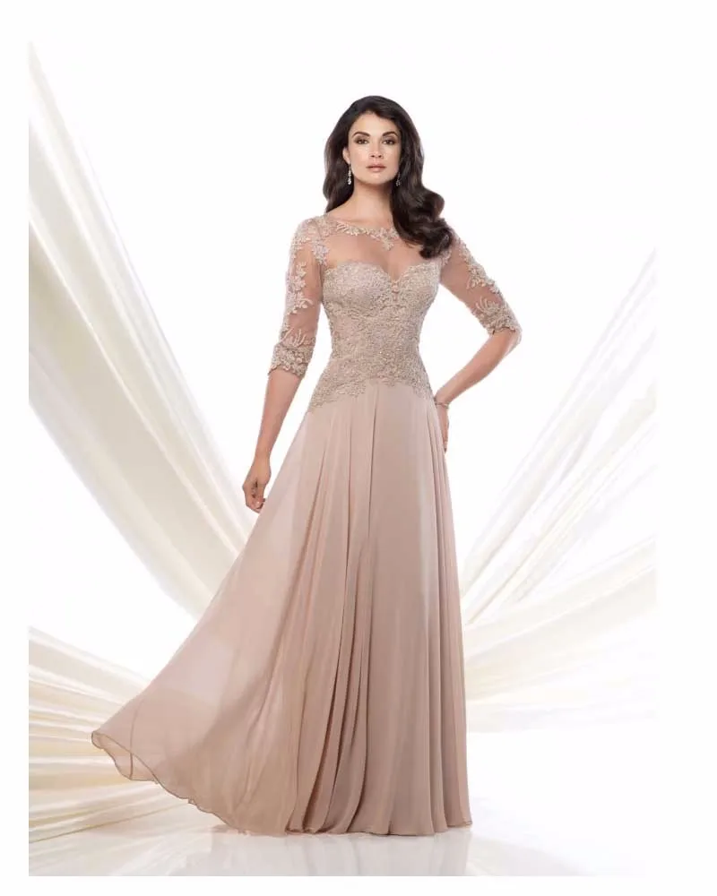 Быстрая в Выпускные платья из шифона и кружева аппликации ручной работы бисер Половина рукава вечерние платья цвета шампана