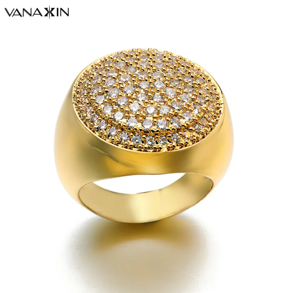 

VANAXIN Fashion Crystal Zrcon Rings Couple Golden Round Design Ring Luxury Party Gift Gold Color Punk Men Women Jewelry