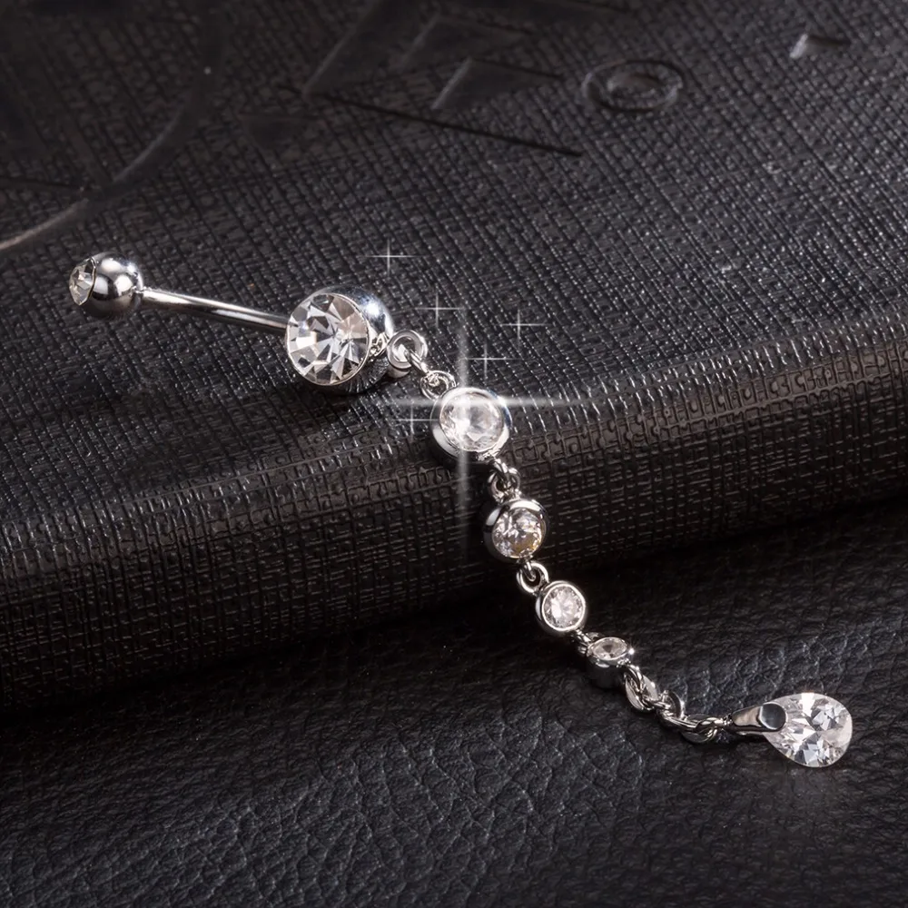 Gussiarro 2019 Dangle White Gold-Color Navel Clear Pink Purple Cubic Zirconia Ring Chain Percing Belly Button Rings Body Jewelry | Украшения
