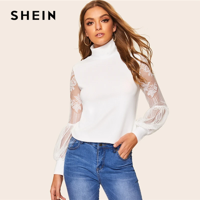 SHEIN Белая Кружевная блуза с высоким горлом и воздушными Шарами на рукавах, сетчатая блузка, Женская Весенняя офисная элегантная блуза, однотонная женская рабочая одежда, блузки