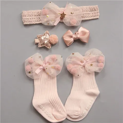 Bowknot Носки для новорожденных+ повязки на голову, набор заколок с цветочным рисунком, хлопковые эластичные носки для маленьких девочек+ повязка на голову, рождественский подарок - Цвет: Bowknot