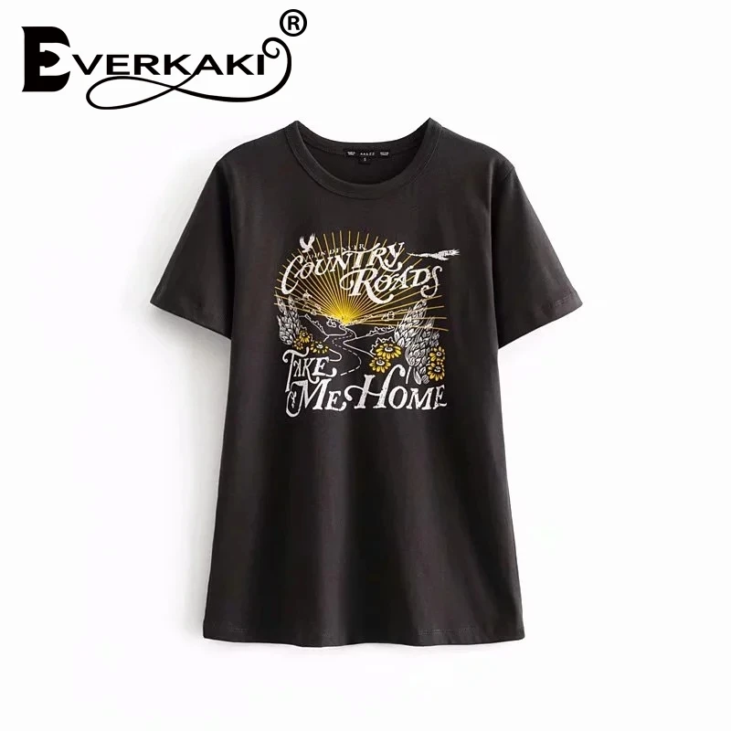 Everkaki 2019 новая футболка женская старинная буква печать футболки с коротким