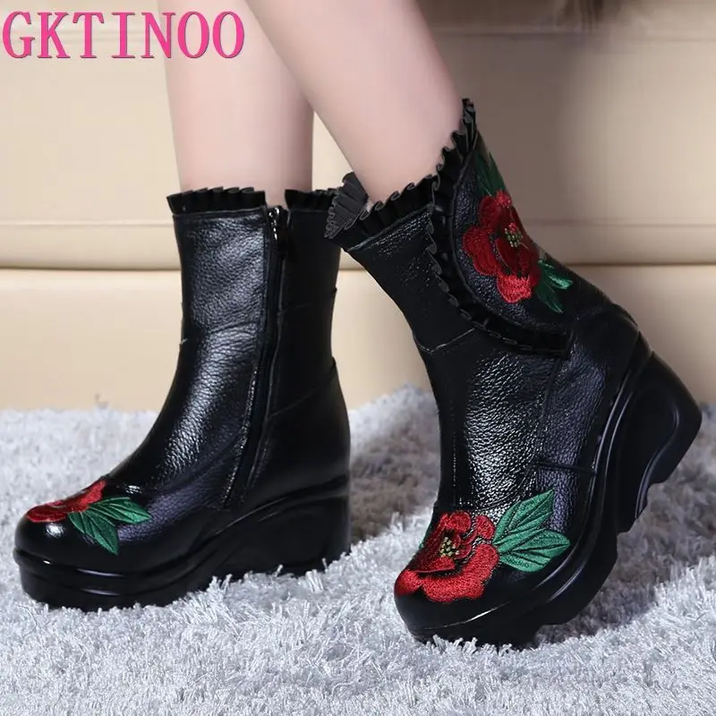 Модные женские зимние ботинки GKTINOO из натуральной кожи с вышивкой винтажные