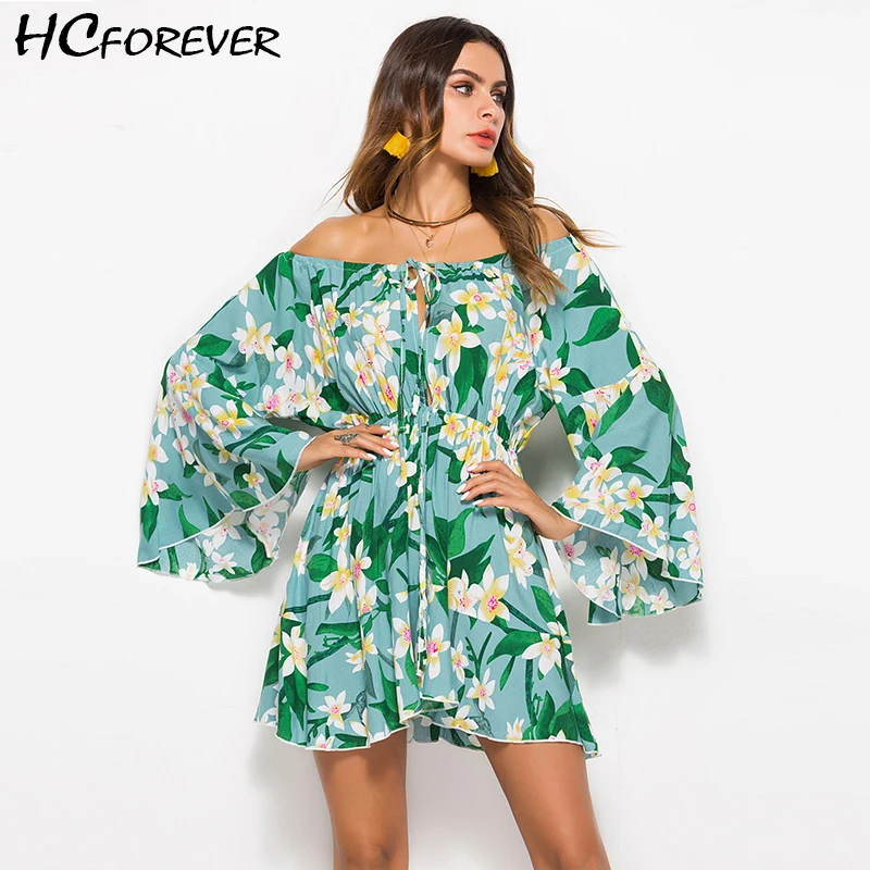 Лето Boho пляж цветочные Сексуальная Мини женское платье с открытыми плечами