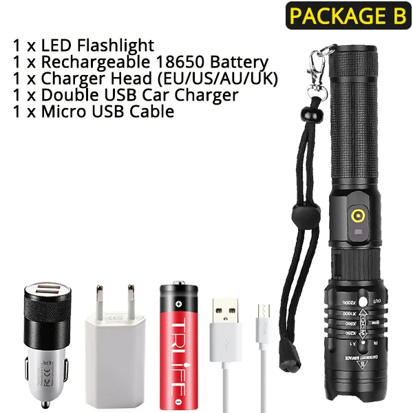Package B Мощный светодиодный фонарь XHP50.2, перезаряжаемый фонарь XHP70.2, USB фонарь с зумом, XHP50, охотничий фонарь для самообороны, 18650 - Испускаемый цвет: Package B