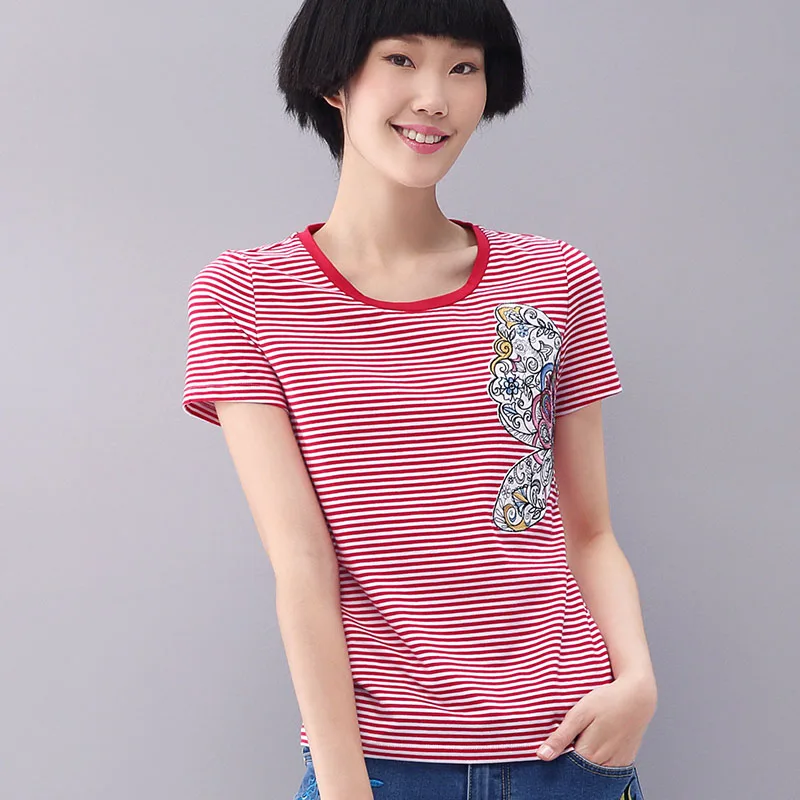 Striped T Shirt Femme Short Sleeve Tshirt Women 2017 Summer New Embroidery Casral Cotton O Neck Slim Tops 192ST154 | Женская одежда