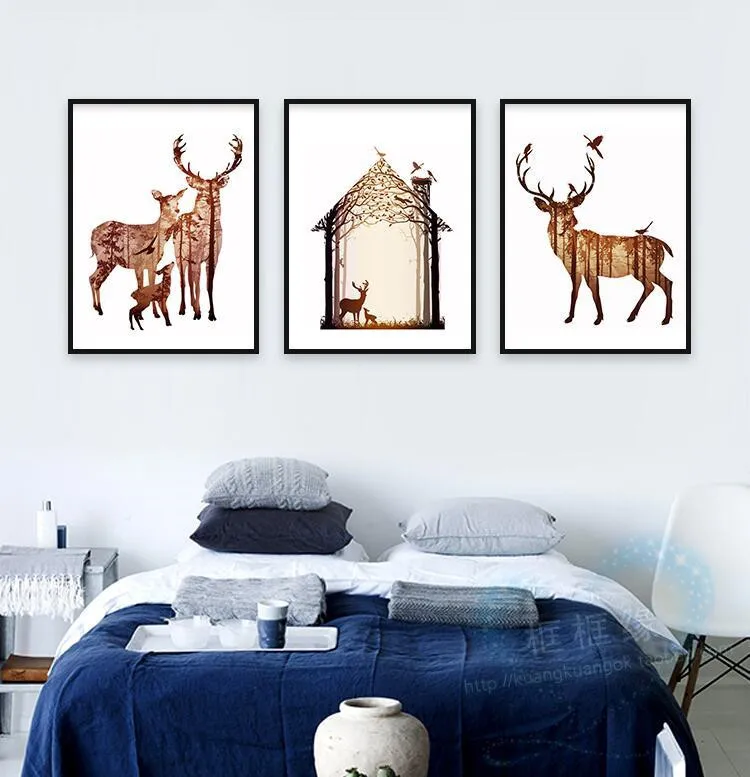 Триптих Скандинавская Картина на холсте силуэт семьи оленей с сосновой лесной