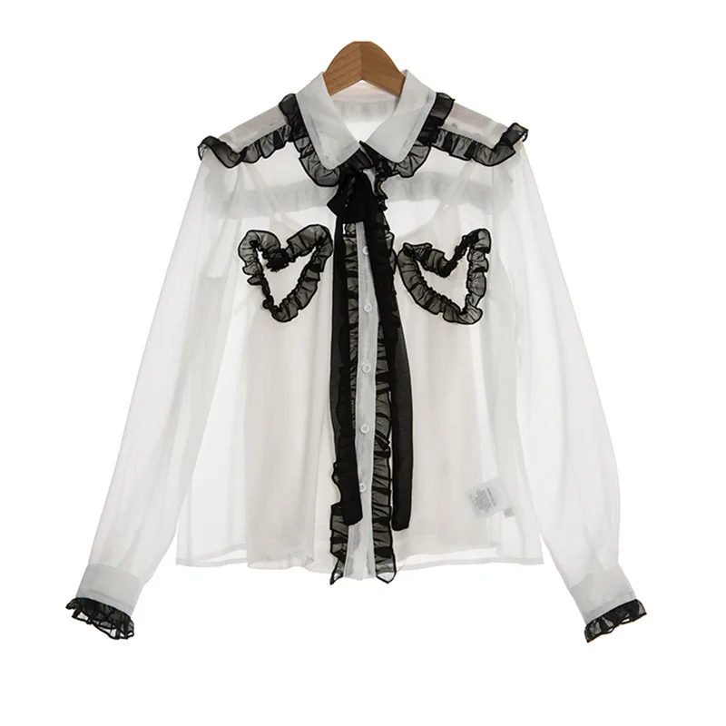 Женская шифоновая блузка с воротником Питер Пэн прозрачная лето 2019|transparent blouse|see