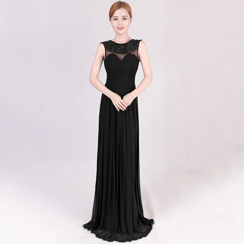 Женское вечернее платье без рукавов с синими бусинами и круглым вырезом длинное