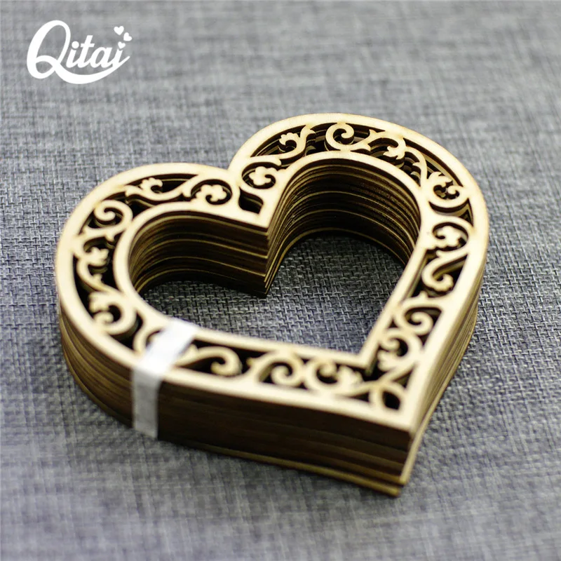 QITAI 12 шт. декоративная рамка из натурального лазерного дерева в форме сердца с