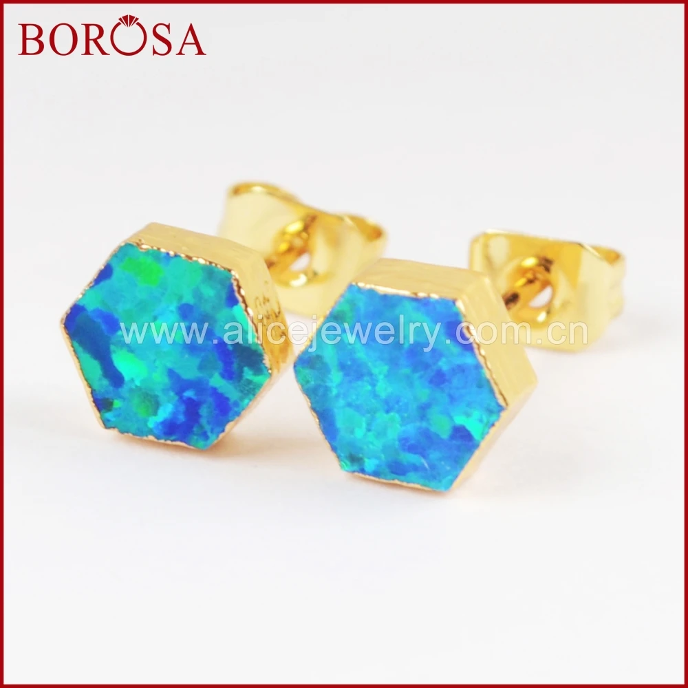 Женские серьги гвоздики BOROSA золотой Шестигранник белый/синий опал японский