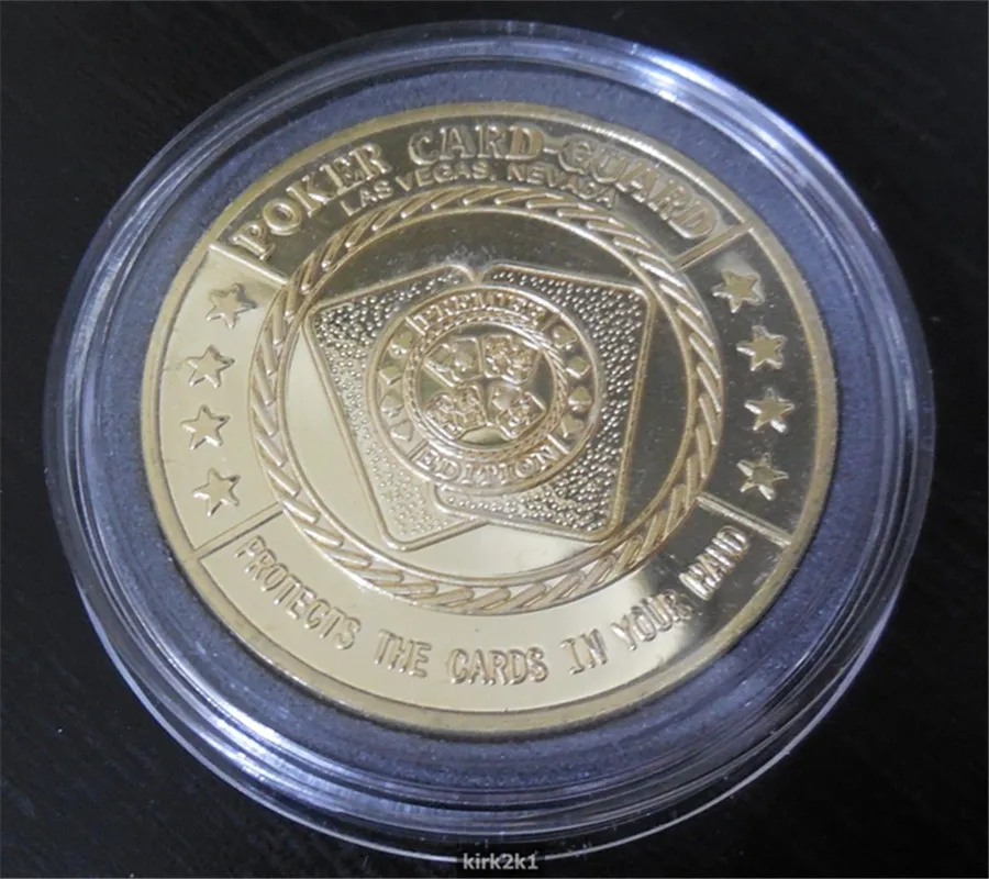 

Wholesale Stylish POT Committed Metal Poker Card Protector Coin Casino Lucky Gold Poker Coin with Plastic Case for Gifts