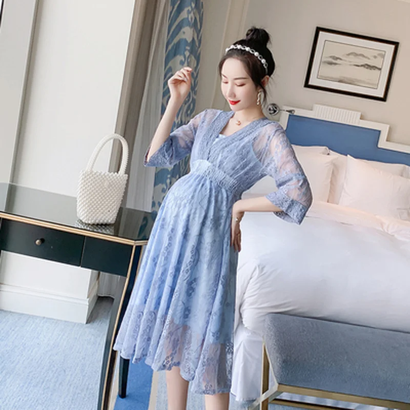 Летние кружевные платья с высокой талией для беременных элегантные Одежда