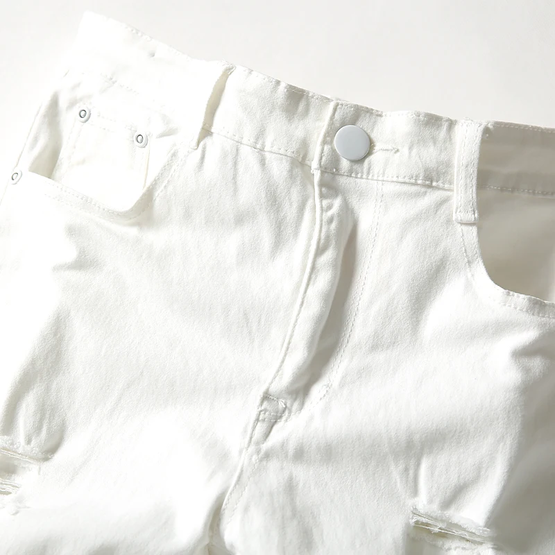 Мужские однотонные джинсы с дырками белые облегающие ковбойские брюки