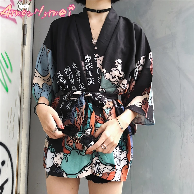 Винтажное кимоно Harajuku с принтом кардиган для женщин рубашки японские кавайные