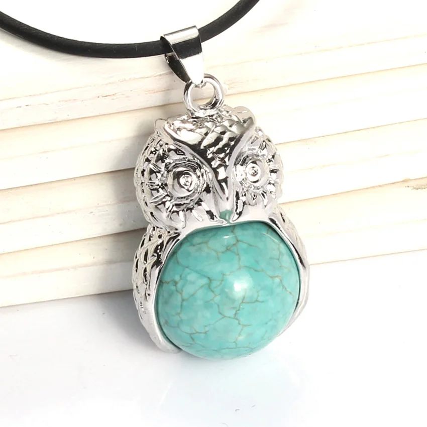 Green Turquoises Xinshangmie очаровательный дизайн 16 мм смешанный цвет камень аметисты опал розовый кварцевый кристалл круглый шарик Сплав Кулон Сова 1 шт - Окраска металла: Green Turquoises