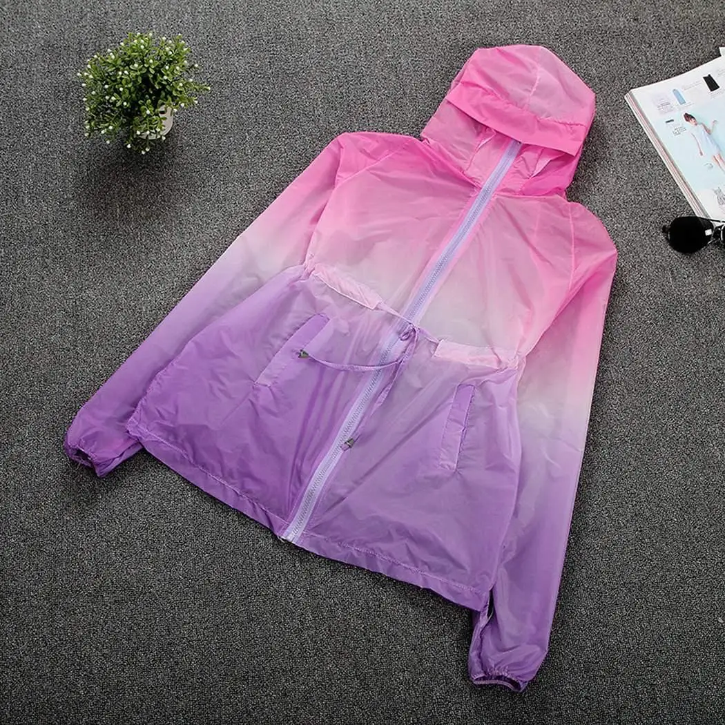 Women Casual Long Sleeve High Collar Hooded Loose Gradient Color Ultra-light Sun Protection Coat Regular | Женская одежда
