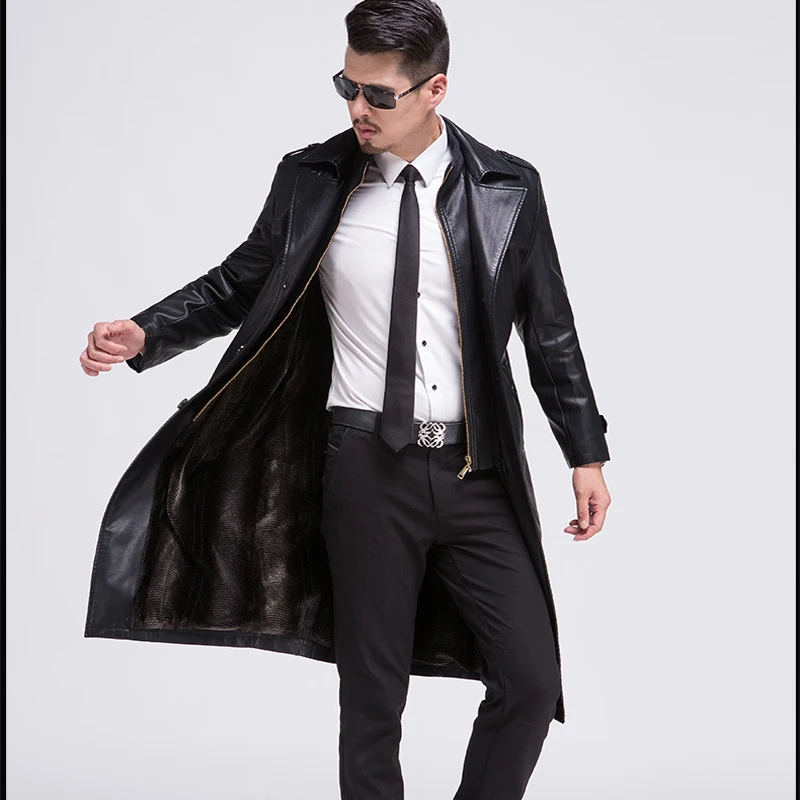 Новая модная кожаная куртка для мужчин высокое качество мужские длинные кожаные