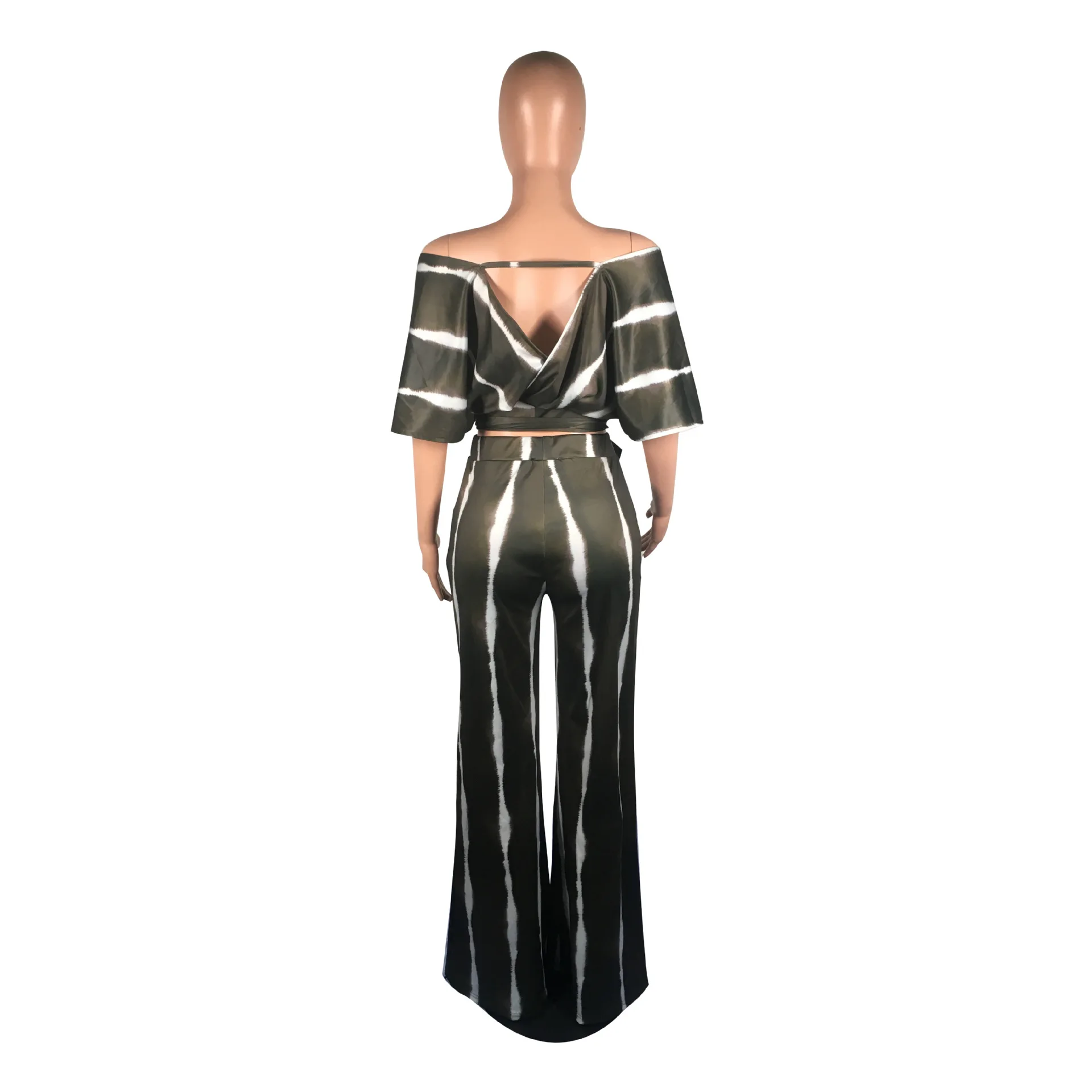 

Tie Dye Print Sexy Two Piece Tracksuit Female Clothes Deep V Neck Short Sleeve Crop Top And Wide Leg Long Pant Plus Size Outfit