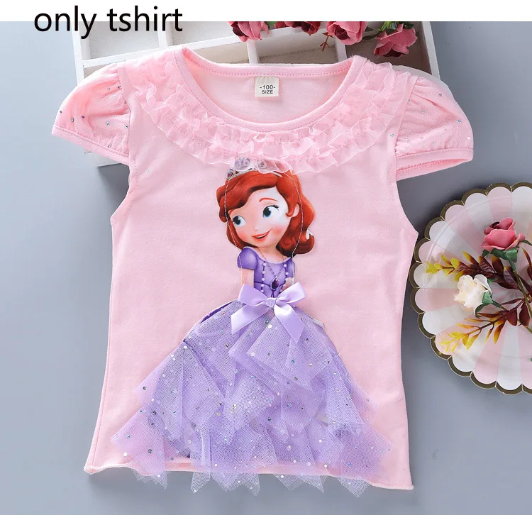only shirt Новые летние комплекты одежды для девочек Детские хлопковые футболки с рисунком Эльзы, кружевная футболка принцессы+ длинные штаны, леггинсы одежда для детей с 3D рисунком - Цвет: only shirt