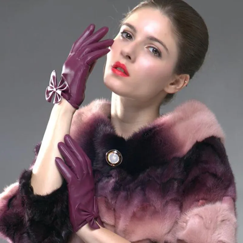 

Genuine Leather Gloves Ladies Touch Screen Sheepskin Bowknot Guantes Winter Warm Thickening Fashion Solid Color Hand Muff H3219