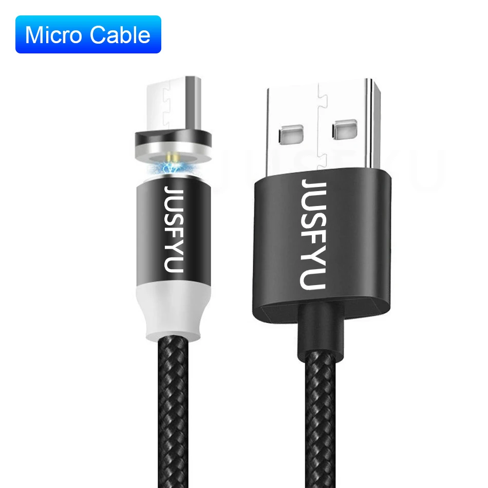 For Micro USB Black Jusfyu Магнитный кабель 1 м светодиодный Тип C Магнит Micro USB Зарядное устройство кабель для samsung S10 iPhone X XS Max XR 7 8 6 мобильный телефон кабель с разъемом usb-c - Цвет: For Micro USB Black