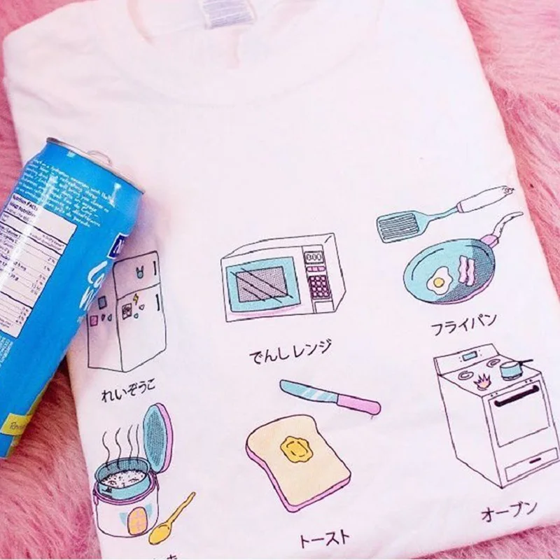 Летняя футболка японский Kawaii девушка кухонные принадлежности футболки с принтом