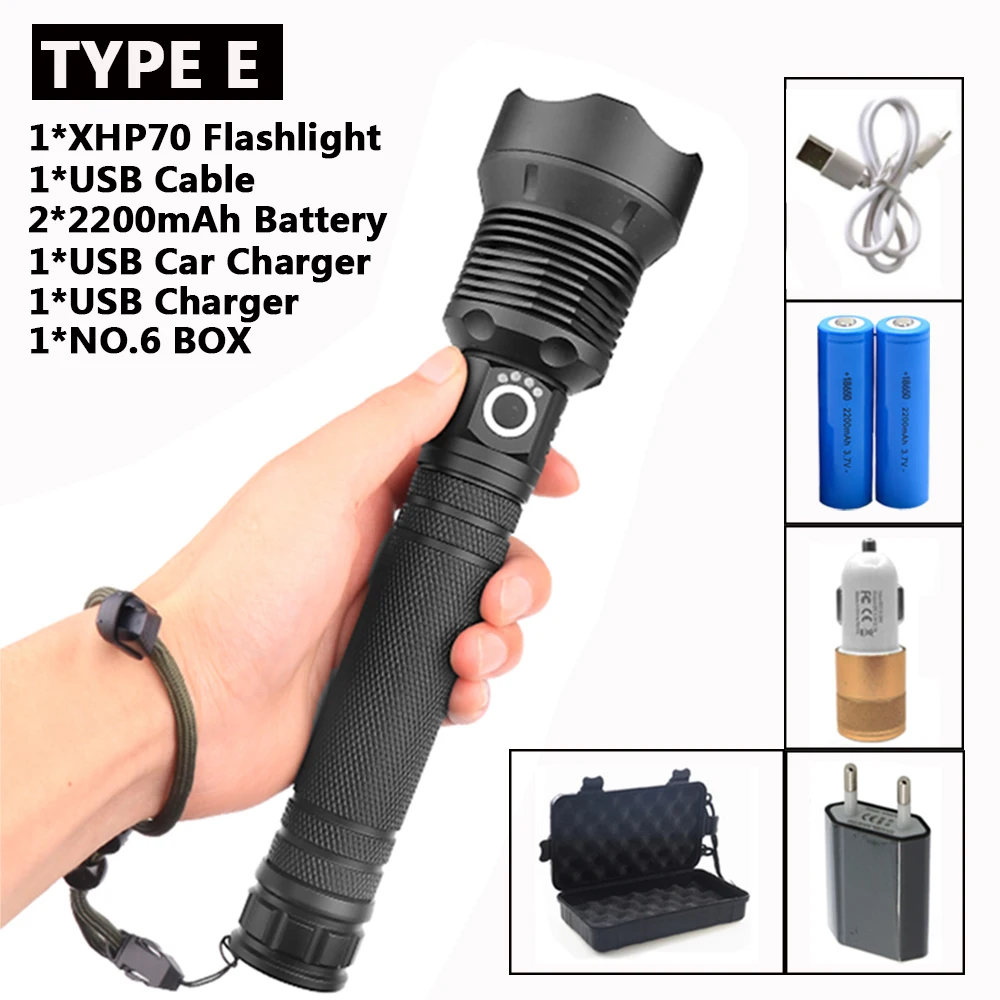 TYPE E XHP70 фонарик перезаряжаемый фонарик 40000LM тактический фонарь обороны flashligh zoom лампа для кемпинга охоты мощный - Испускаемый цвет: TYPE E