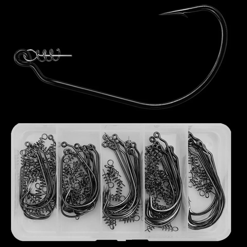 WALK FISH Fishing Worm Hook with Lock Stitch 50 Pieces Set Soft Bait Single Hooks Grub Fishhook Texas Rig Accessories