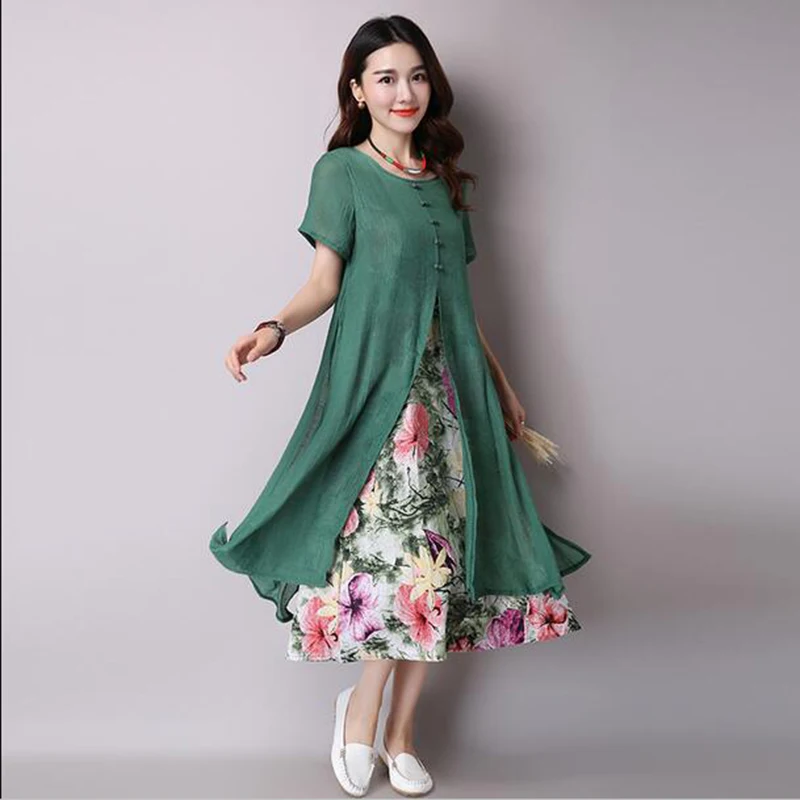 2017 женское винтажное платье с круглым вырезом и коротким рукавом Двухслойное