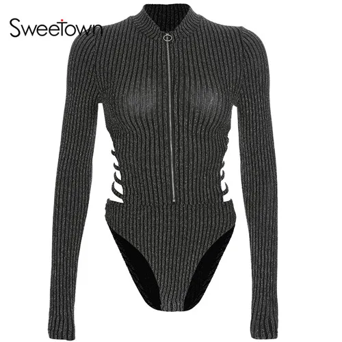 silver Sweetown серебристый/Золотой полосатый блестящий боди для женщин с открытой спиной крест-накрест выдалбливают боди Mujer с открытой спиной сексуальные боди с длинным рукавом - Цвет: silver