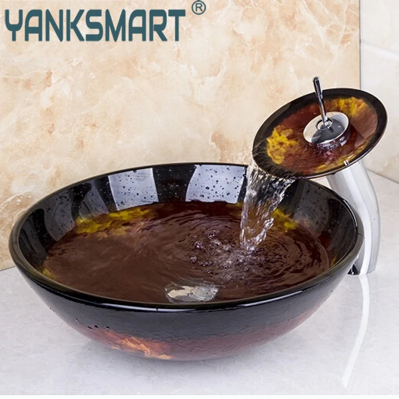 Раковина из закаленного стекла YANKSMART US круглая с водопадом|bowl basin|glass sinkbasin sink |